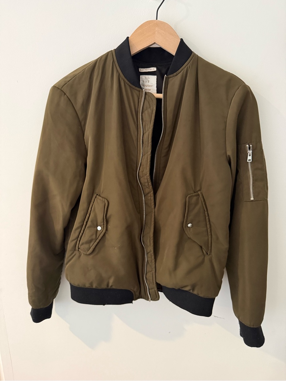 Zara Army Green Bomber Jacket with Black Trim